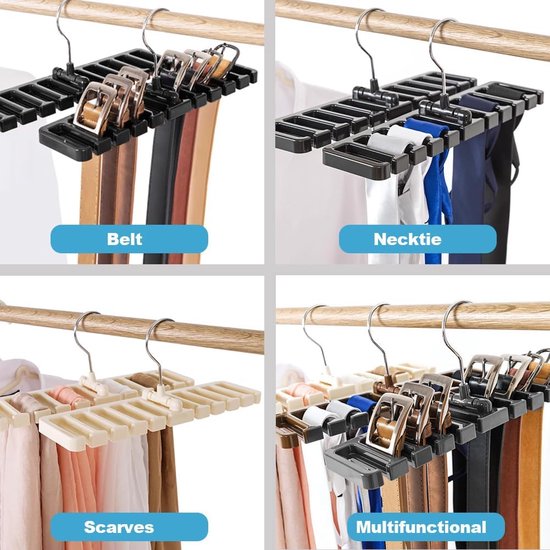 Greyoe stropdas houder, riem houder kledingkast, sjaal hanger, hangende tas rek multifunctionele riem stropdas sling haak organizer voor stropdassen, sjaals, doeken, tassen, zwart (zilver draaibaar