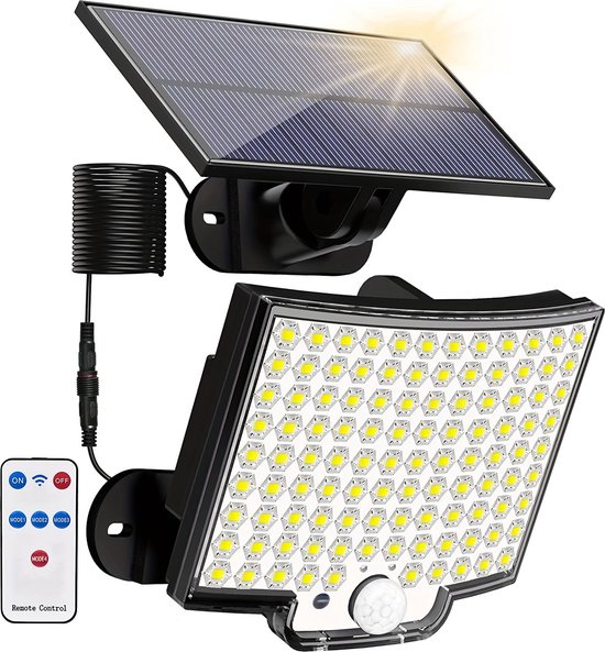 Solar Buitenlamp met bewegingssensor, 106 LED solar wandlamp met bewegingsmelder, IP65 waterdicht, 120° lichthoek, solar wandlamp voor tuin met 5m kabel