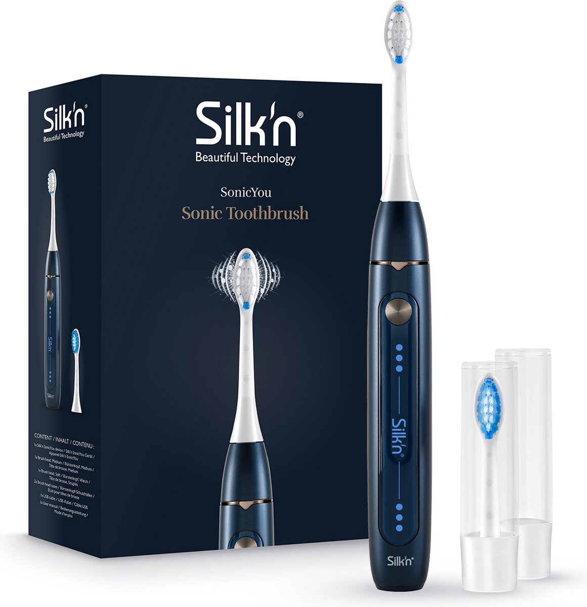 Silk'n SonicYou Elektrische Tandenborstel Geschenkset - met 2 opzetborstels en 2 beschermkapjes - Cadeau-idee - Donkerblauw