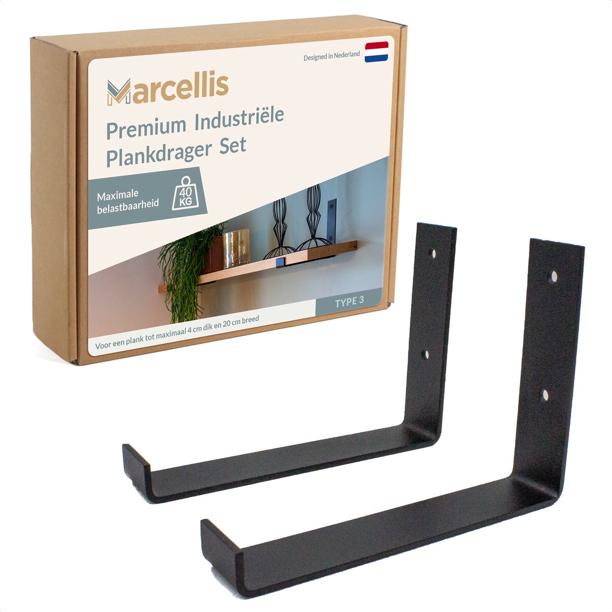 GoudmetHout Industriële Plankdrager L-vorm UP 40 cm - Per stuk - Mat