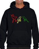 BIRDS AMSTERDAM heren hoodie - zwart - Maat L - Lange mouwen - Normale Pasvorm - Met capuchon en steekzakken - Ajax 020 Amsterdam - Bob Marley - Rastabirds - Rastafari - Drie kruizen van Amsterdam