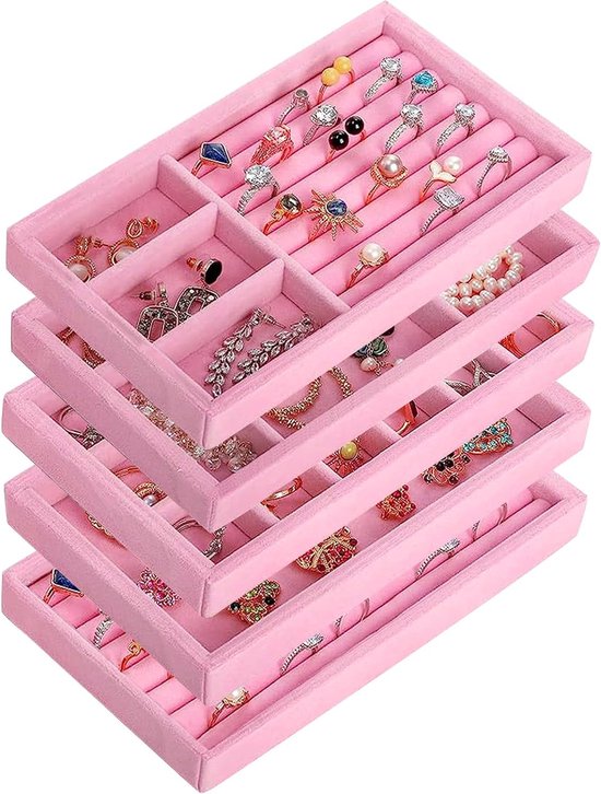 Set van 5 stapelbare, veelzijdige roze fluwelen sieradenorganizers, 21 x 12 x 2,4 cm, perfect voor oorbellen, halskettingen, armbanden en ringen, sieradenkistjes