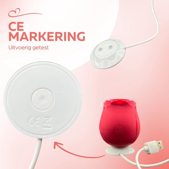 Roze roos vibrator met USB-oplaadkabel en magnetische oplader. CE-markering.