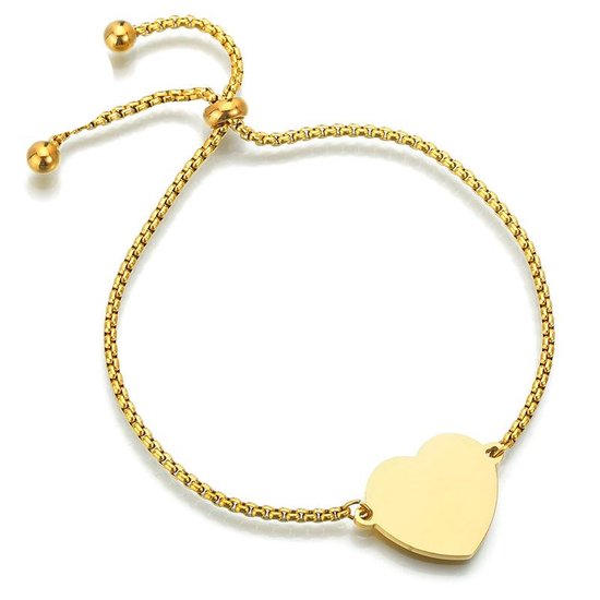 Plux Fashion Hartje Armband - Goud - 3mm/24cm - Sieraden - Gouden Armband - Heart Bracelet - Stainless Steel - Sieraden - Valentijn Armband - Schakel Armband - Sieraden Cadeau - Luxe Style - Duurzame Kwaliteit - Valentijn