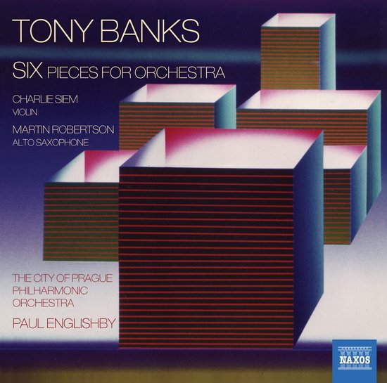 Albumhoes met de titel 'Tony Banks Six Pieces for Orchestra' en abstracte gekleurde blokken op een paarse achtergrond.