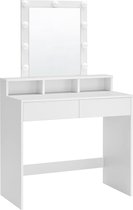 Kaptafel, Make up tafel met spiegel en gloeilampen, instelbare helderheid, cosmetische tafel met 2 lades en 3 open vakken wit