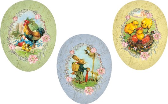 Trois oeufs de Pâques avec de jolis animaux printaniers - à remplir soi-même - 12 cm - en karton en Allemagne
