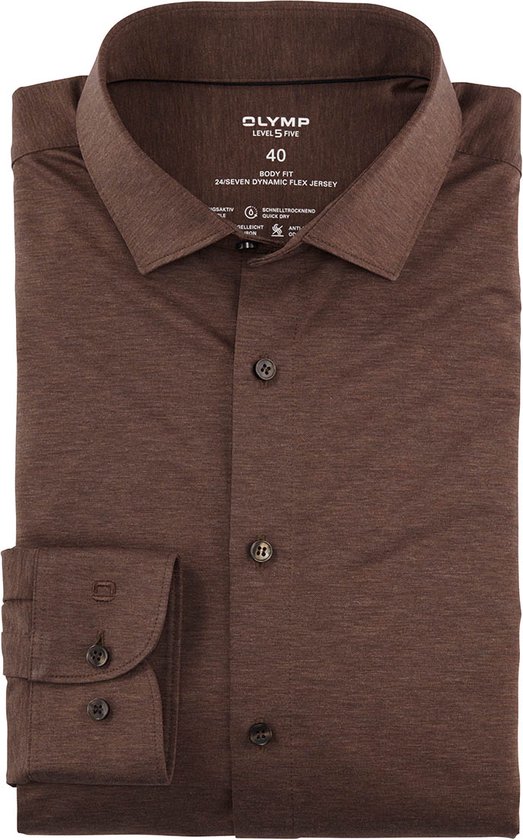 OLYMP 24/7 Level 5 body fit overhemd - tricot - bruin - Strijkvriendelijk - Boordmaat: 39
