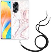 Cazy Hoesje met koord geschikt voor Oppo A58 White Pink Marble