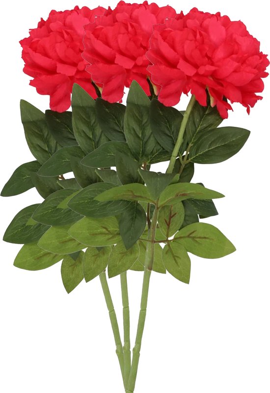 DK Design Kunstbloem pioenroos - 3x - rood - zijde - 71 cm - kunststof steel - decoratie bloemen