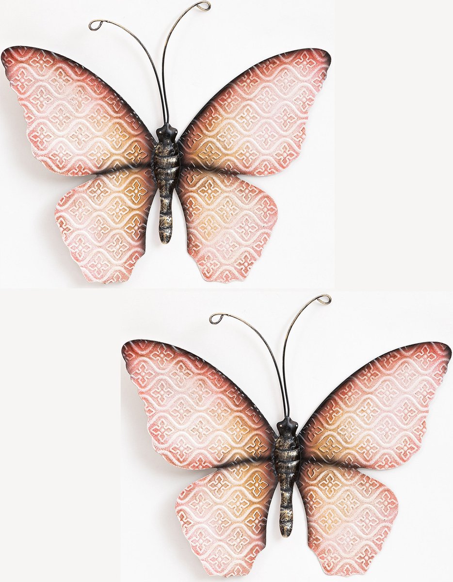 Anna's Collection Wand decoratie vlinder 2x roze 20 x 14 cm metaal muurdecoratie