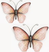 Wanddecoratie vlinders - set 2x - roze - 30 x 21 cm - metaal - muurdecoratie
