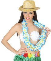 Hawaii thema party verkleedset - Strand strohoedje - bloemenkrans blauw/wit - Tropical toppers - voor volwassenen