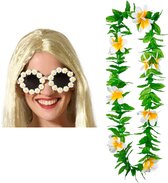Tropische Hawaii party verkleed accessoires set - bloemen zonnebril - en bloemenkrans groen/wit - voor volwassenen