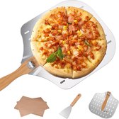 Pizzascheppen, pizzaspatel, pizzaschep van aluminium en eikenhout, pizza-accessoires (1 x pizzaschep met inklapbare handgreep + 1 x driehoekige spatel + 20 x bakpapier) voor grote pizza
