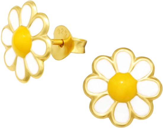 Joy|S - Zilveren madelief bloem oorbellen - 10 mm - oorknoppen - 14k goudplating