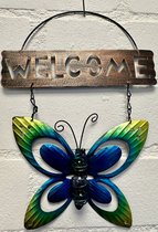 Metalen decoratie tuin hanger "welcome" vlinder - meerkleurig + blauw - hoogte 30 x 20 x1cm - Woonaccessoires - Decoratieve hangers - Tuinaccessoires