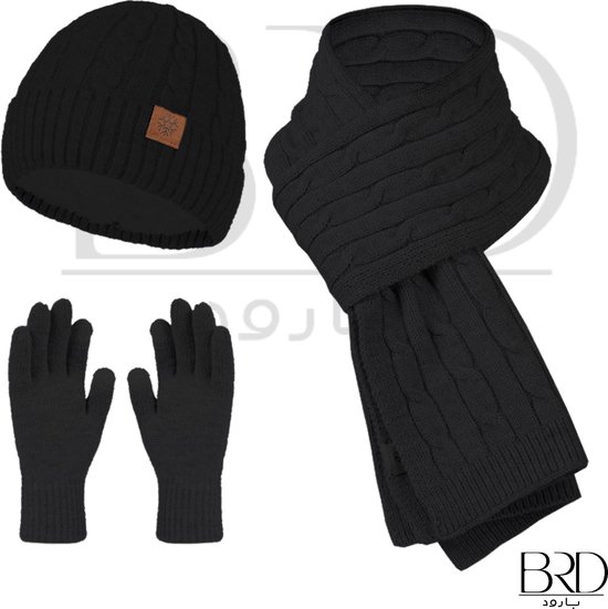 BRD® Winter | set van wol voor volwassenen Zwart - gevoerde muts, sjaal en handschoenen
