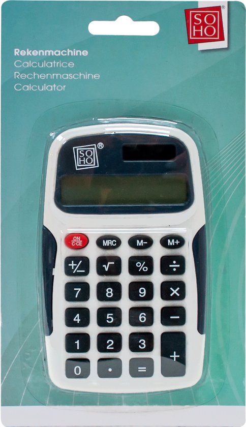 Witte en donkerblauwe SOHO rekenmachine, compact en draagbaar, met numerieke toetsen en display.