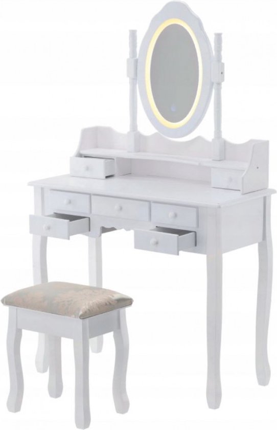 Kaptafel - met spiegel, licht en kruk - 90x40x146 cm - wit