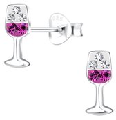 Joy|S - Zilveren wijn glas oorbellen - 4 x 9 mm - roze zilver - wijnglas oorknoppen