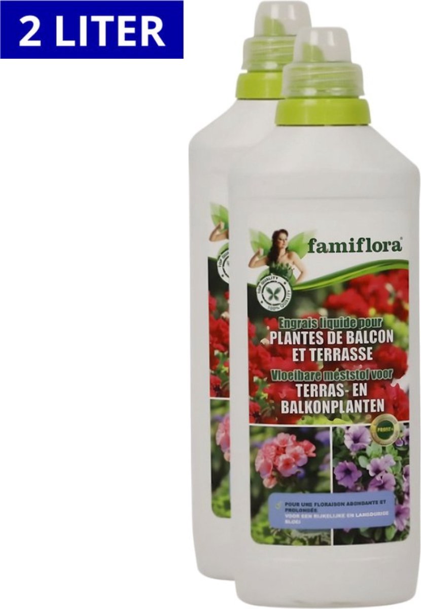 Famiflora vloeibare meststof voor terras- en balkonplanten 2L (2 x 1L) - Voordeelverpakking meststof voor geranium, fuchsia, petunia, etc