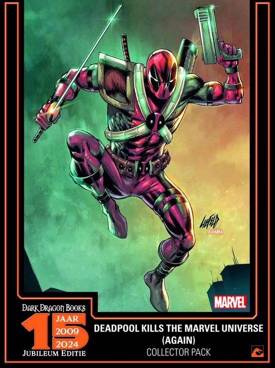 Deadpool in een paars en rood kostuum met zilveren accenten, springend met zwaard en pistool.