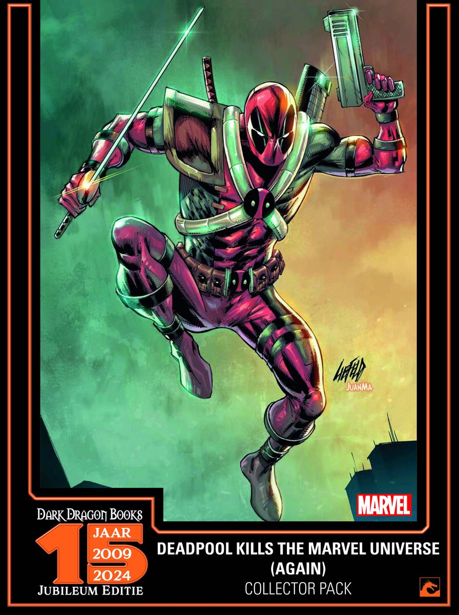 Deadpool in een paars en rood kostuum met zilveren accenten, springend met zwaard en pistool.