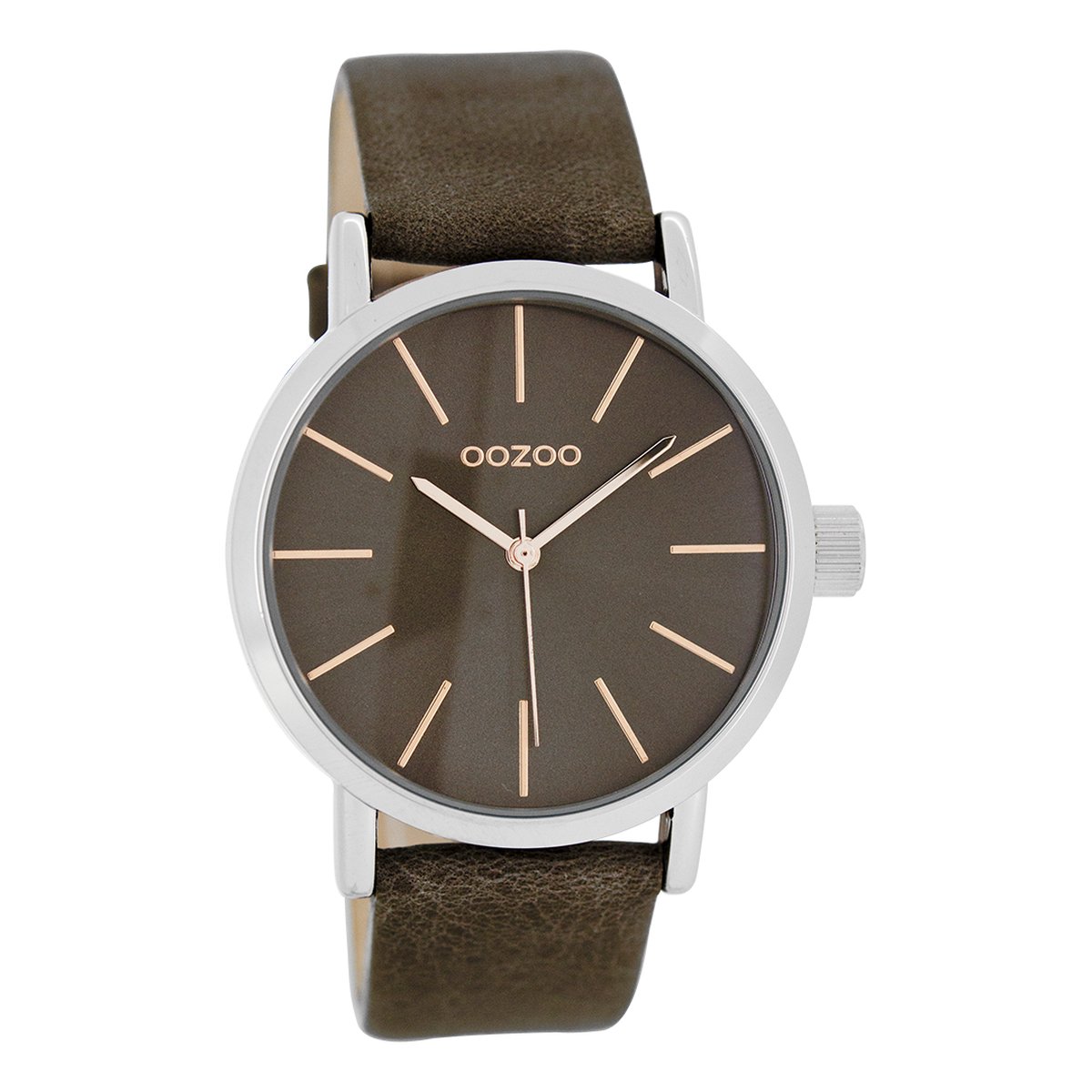 Zilverkleurige OOZOO horloge met donker bruine leren band - C8423
