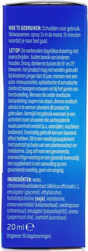 Zijpaneel Valdispert Slaap Spray: blauwe achtergrond, tekst over gebruiksaanwijzing, waarschuwingen, ingrediënten en dosering.