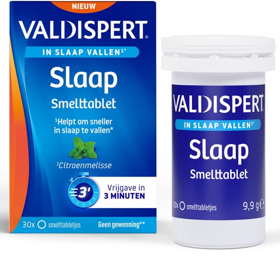Valdispert Slaap Smelttablet met 30 smelttabletjes en een citroenmelisse afbeelding. Flesje met witte dop.