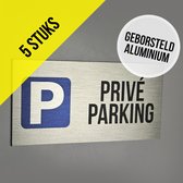 Pictogram/ bord geborsteld aluminium | "Privé parking" | Luxe uitvoering | 20 x 10 cm | Voordeel pakket | 3 mm | Bord | Parkeerplaats vrijhouden | Cliënten | Roestvrij | Privaat | Privé eigendom | Parkeeroverlast | Grijs | 5 stuks