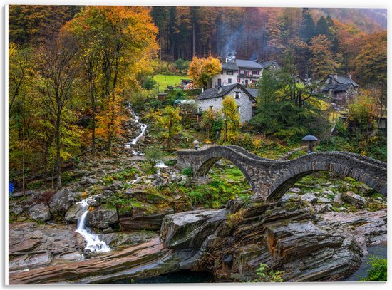 PVC Schuimplaat - Bomen - Huizen - Brug - Water - Waterval - Planten - Landschap - 40x30 cm Foto op PVC Schuimplaat (Met Ophangsysteem)