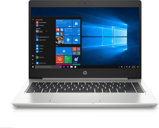 Zilveren HP ProBook 445 G7 laptop, volledig opengeklapt, met zwart toetsenbord en Windows 10 op het scherm.