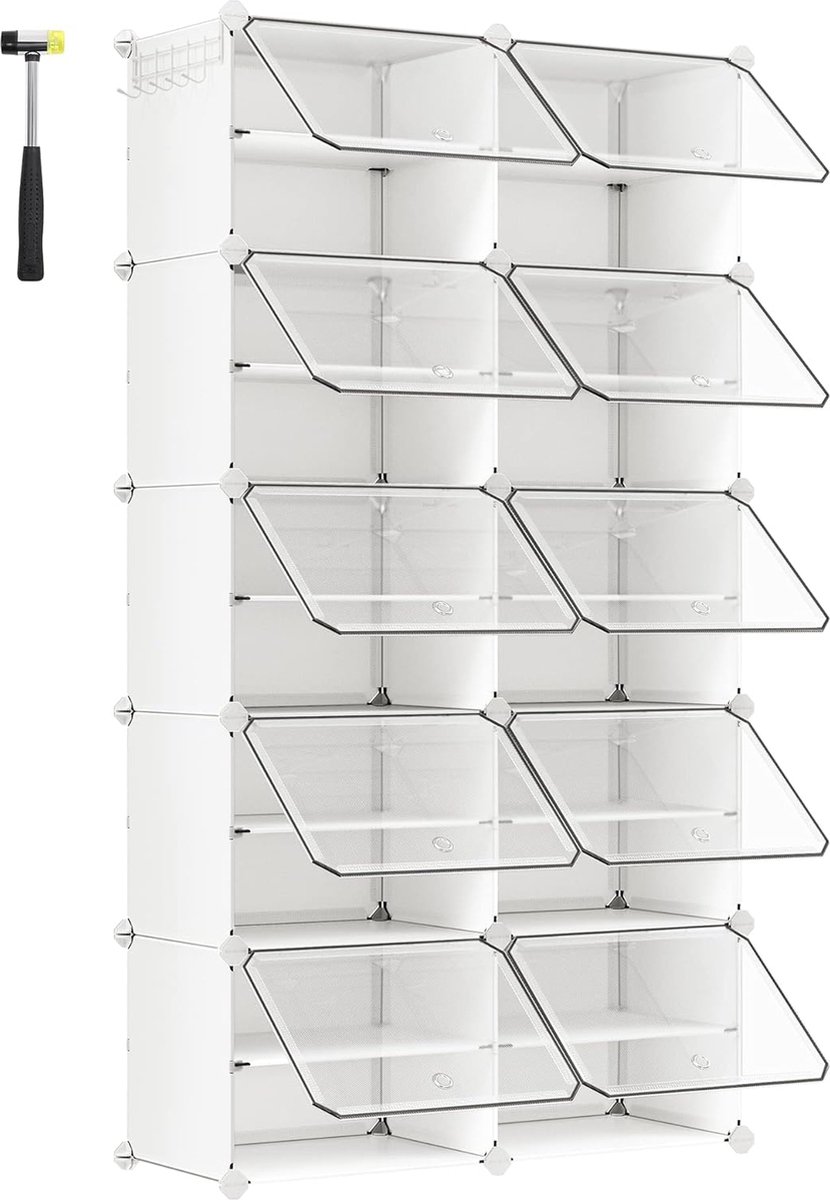 Schoenenrek met 10 vakken, schoenenkast, 30 x 40 x 30 cm per vak, smal, met deuren, stalen frame, kunststof, voor hal, slaapkamer, entree, zwart LPC035B01