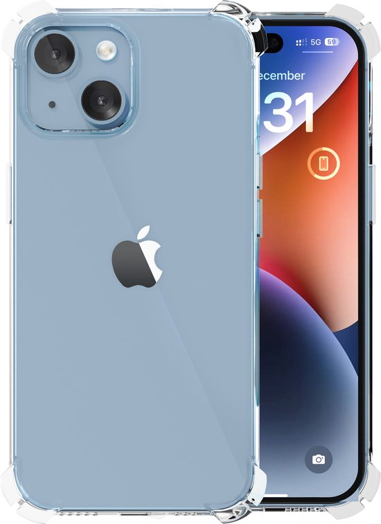 Transparante, schokbestendige hoes om een iPhone 14 met Apple logo.