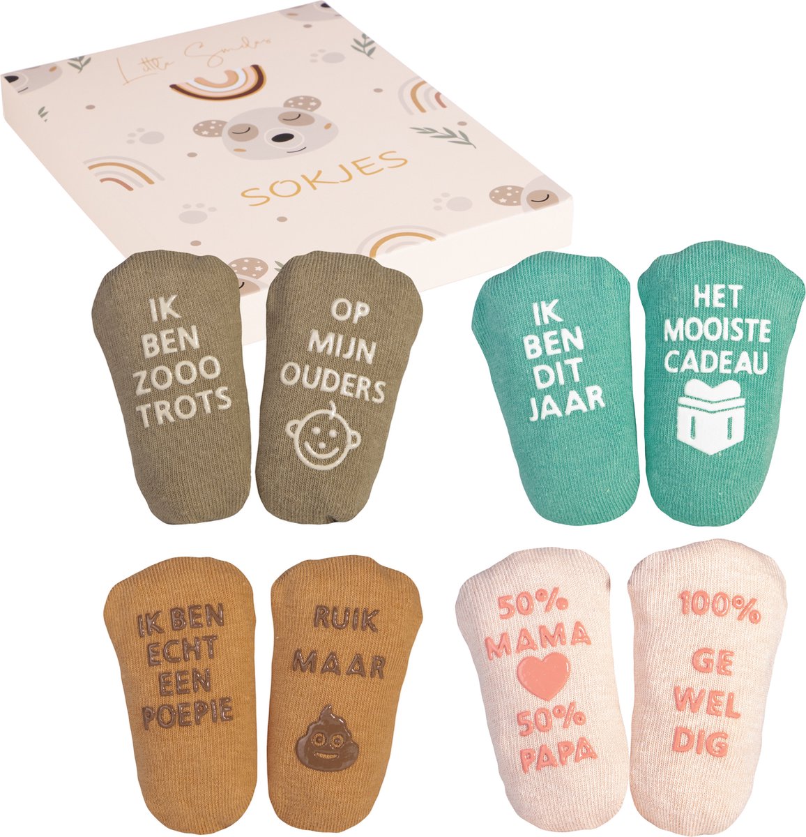 Goedkoopste Baby sokken Kraamcadeau unisex 4 stuks - Baby jongen - Baby meisje - Leuke teksten - Babyshower Cadeau - Geboorte kraampakket