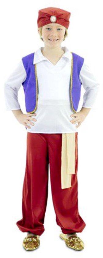 Jongen in Aladin-kostuum: rode broek, witte blouse, paarse gilet, rode tulband met juweel.