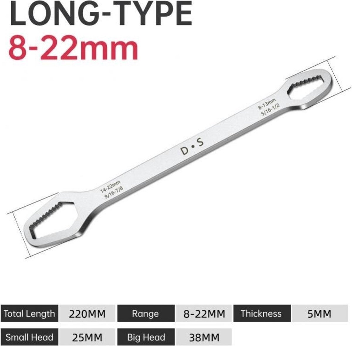 VCTparts® Multifunctionele Tweekoppige Moersleutel Steeksleutel 8-22mm - Chrome [Gereedschap - Meerzijdig - Universeel - Multi steek]