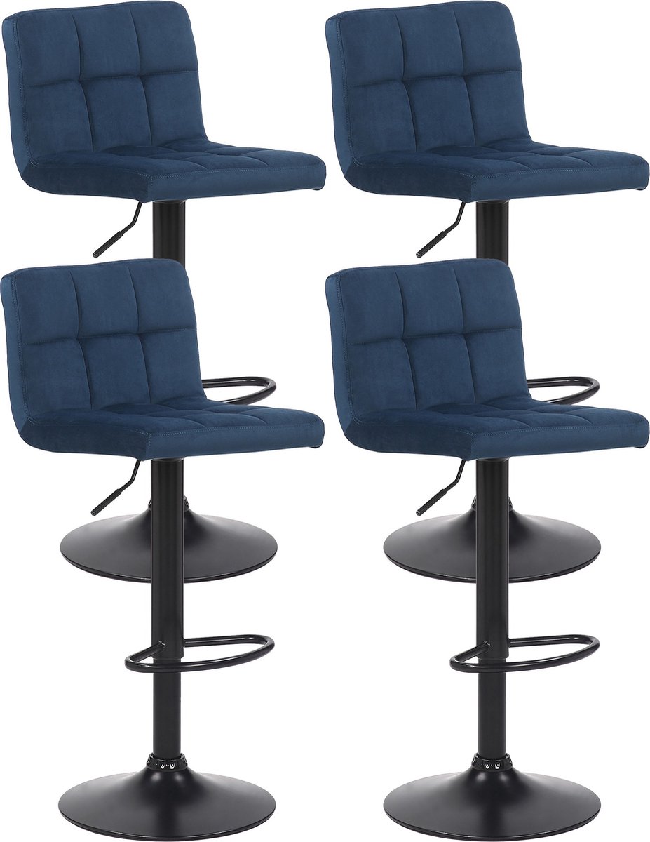 CLP Feni Set van 4 barkrukken - Met rugleuning - Verstelbaar - Velvet - Fluweel - blauw/zwart