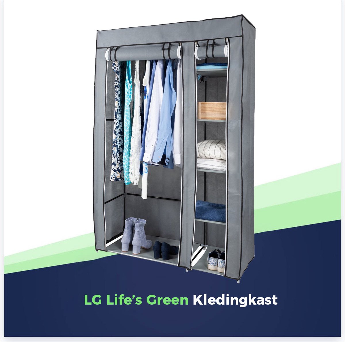 Life's Green Opvouwbare Kleerkast - 110 x 45 x 175 cm - Kledingrek met 5 Legplanken en Ophangstang - Stoffen kledingkast - 140 kg Draagvermogen - Grijs