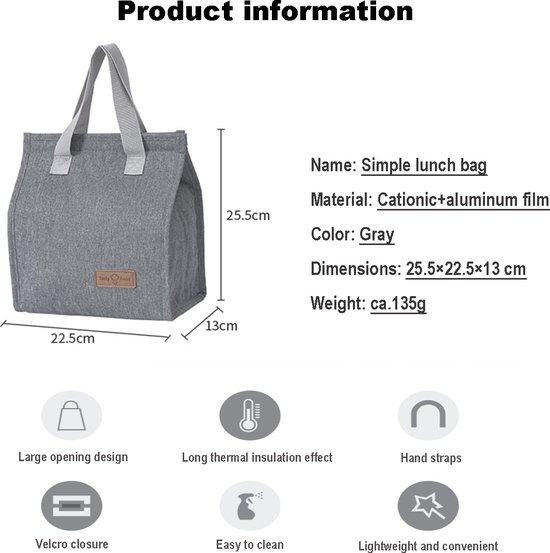 Rainbecom - Koeltassen - Lunchtas - 22.5x25.5x13 cm - 6 Liter - Grijs - Isolatie - 300D Kationisch Polyester - Klittenbandsluiting - Handvat Riem - Koeltas - Lunch Bag - Geïsoleerde Koeltas - Picknicktas van Rainbecom — afbeelding 3