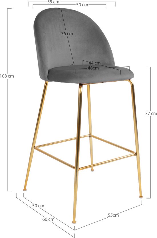 Chaise de bar Velours Grijs - Structure Or - 60x55x108cm