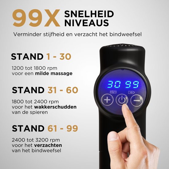 Hand bedient LCD touchscreen van zwarte massage gun. 99 snelheidsniveaus voor milde tot diepe massage.