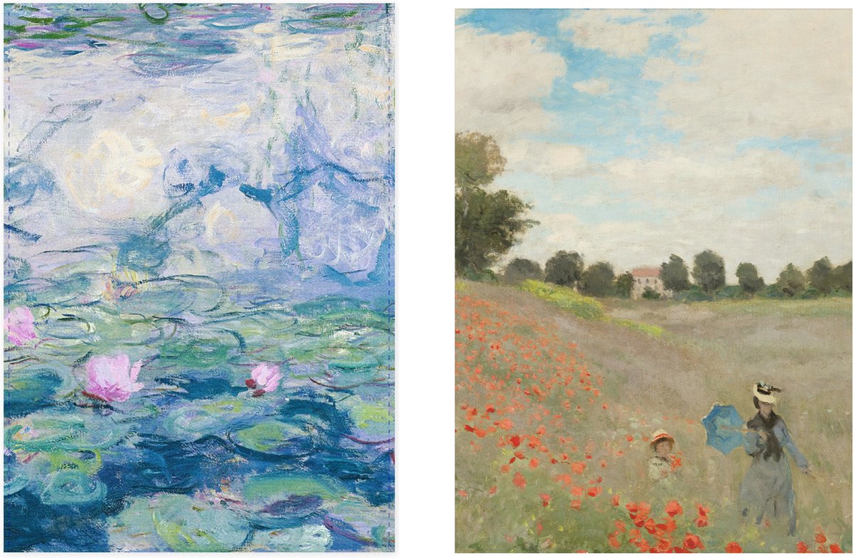 Set van 2 theedoeken - kunst collectie - Monet, waterlelies & Monet Veld met klaprozen - 100 % katoen 50 x 70 cm by supervintage