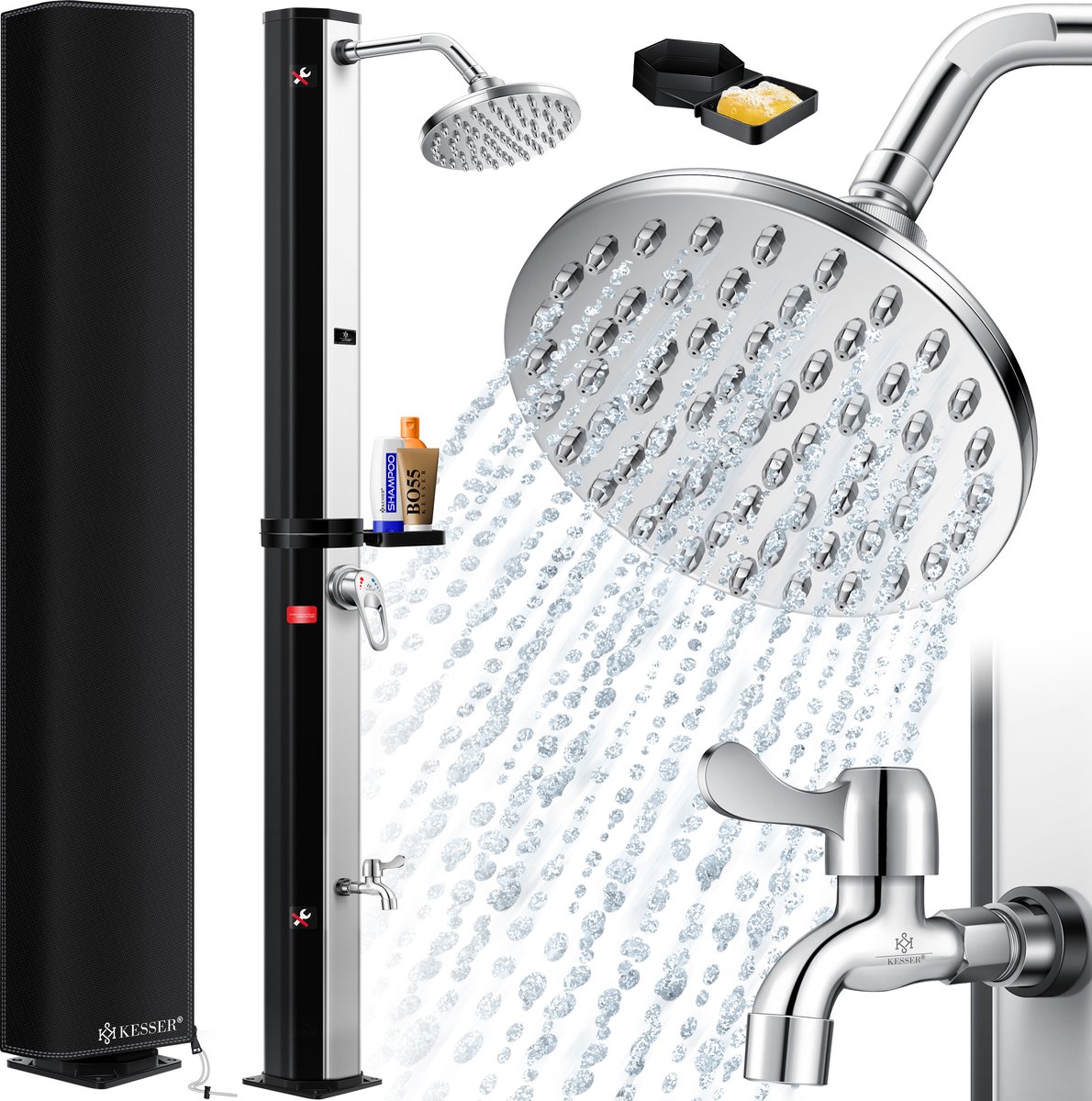 KESSER® Buitendouche zonneenergie - Tuindouche Solar 60 Liter Warm Water max. 60°C Camping Douche met Geïntegreerde metalen Douchebak inclusief Beschermhoes - Zwart / Zilver