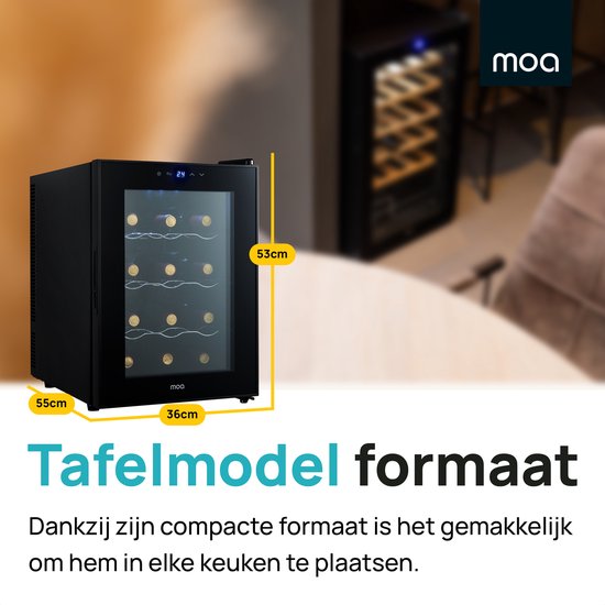 Zwarte MOA wijnkoelkast van 36x55x53cm, tafelmodel met 12 flessen capaciteit.