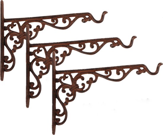 1x Bruine hangpot haken metaal met sierlijke krullen - 26 x 18 cm - Muurpothangers voor plantenbakken/bloembakken - Tuin/muur decoraties - Merkloos