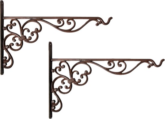 3x stuks muurhaken met sierkrullen bruin - gietijzer - 35 x 25 cm - hanging basket haak - Esschert Design
