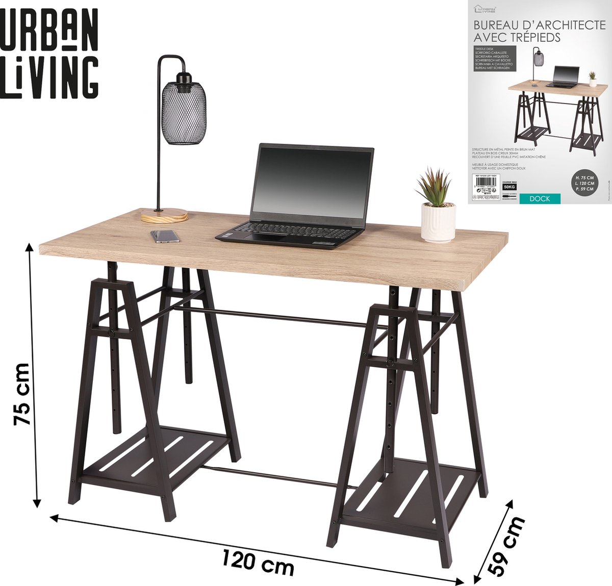 Urban Living "DOCK" BUREAU MET SCHRAGEN IN ARCHITECTEN DESIGN 120X59XH75CM black